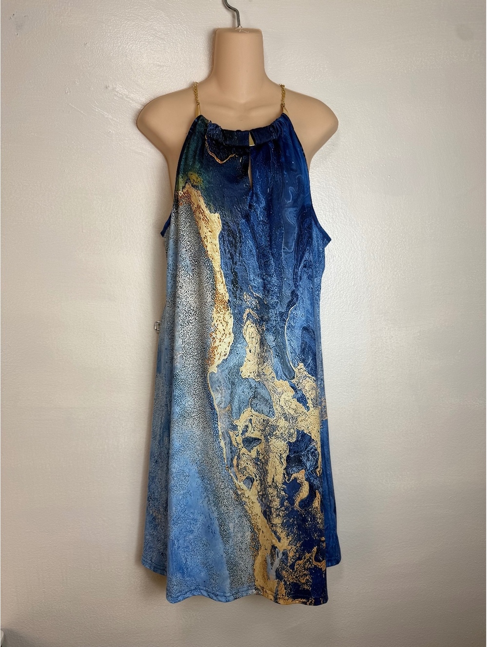 Noracora Blue and Gold Marble Print Halter Dress with Gold Chain Neckline Size M